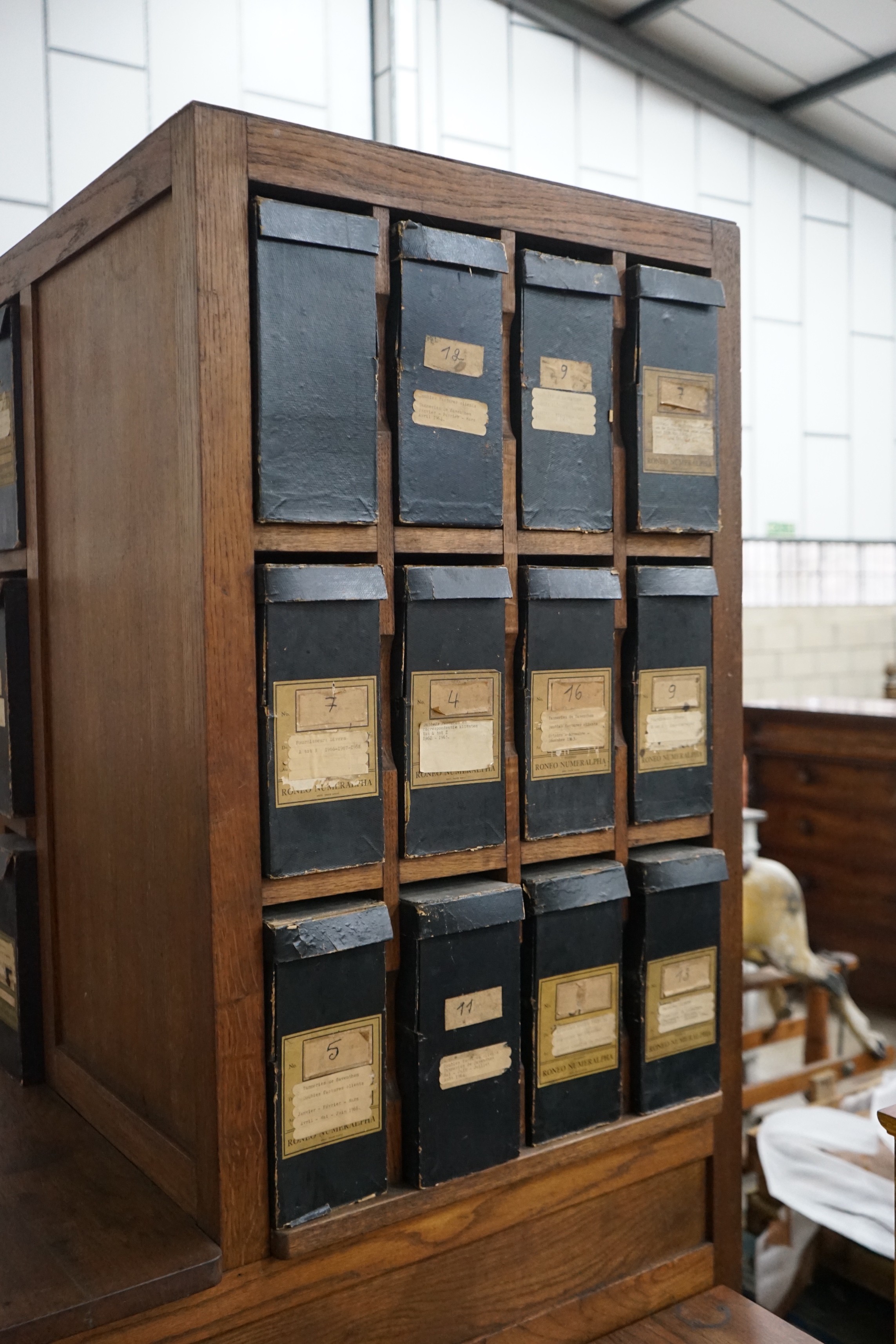 An early 20th century oak stationery desk, width 166cm, height 199cm